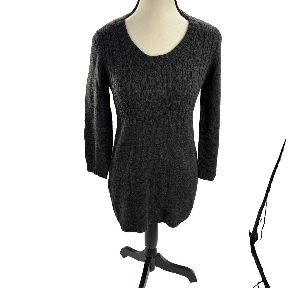 LOFT Womens S Gray Cable Knit Tunic Sweater 3/4 Sleeve Scoop Neck Pullover